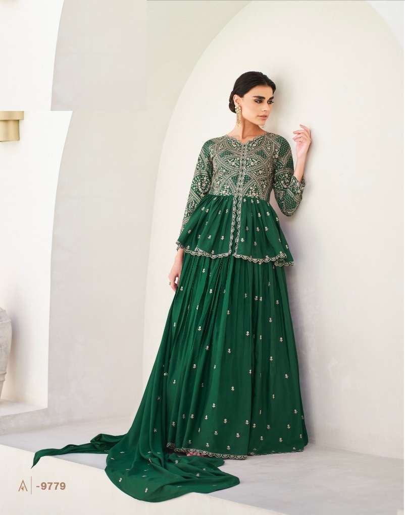 DESIGNER FANCY WEDDING PARTY WEAR PREMIUM CHINON SILK GREEN INDIAN PAKISTANI ANARKALI STYLE GOWN SALWAR SUIT AF NAAZ 9779