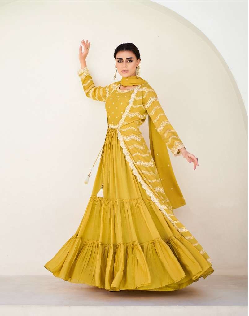 DESIGNER FANCY WEDDING PARTY WEAR PREMIUM CHINON SILK YELLOW INDIAN PAKISTANI ANARKALI STYLE GOWN SALWAR SUIT AF NAAZ 9780