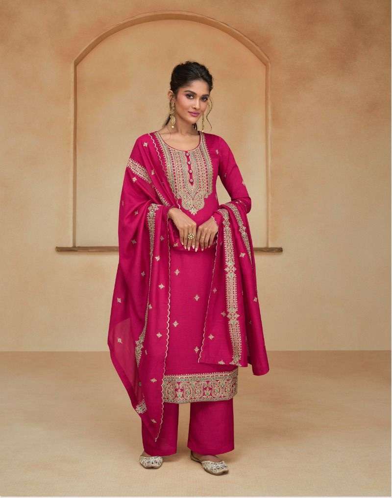 DESIGNER FANCY WEDDING PARTY WEAR PREMIUM RANI PINK SILK STRAIGHT SALWAR SUIT AF ZIANA 9748