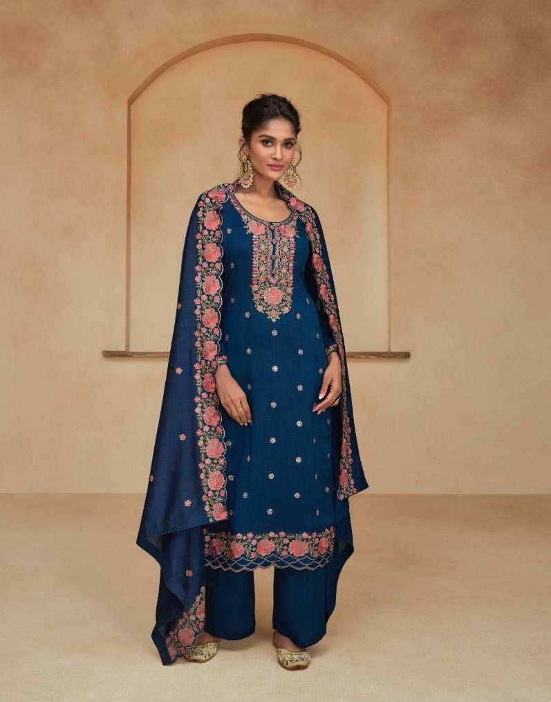 DESIGNER FANCY WEDDING PARTY WEAR PREMIUM SILK BLUE STRAIGHT SALWAR SUIT AF ZIANA 9744