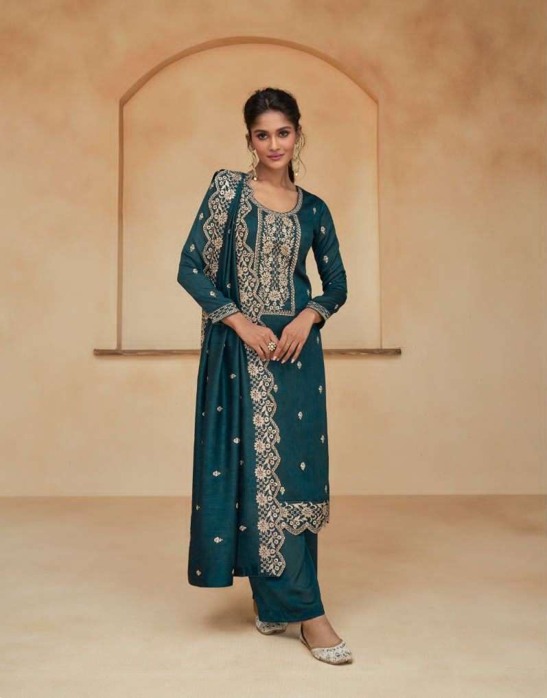 DESIGNER FANCY WEDDING PARTY WEAR PREMIUM SILK GREEN STRAIGHT SALWAR SUIT AF ZIANA 9747