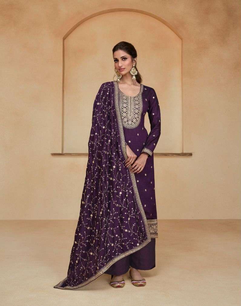 DESIGNER FANCY WEDDING PARTY WEAR PREMIUM SILK PURPLE STRAIGHT SALWAR SUIT AF ZIANA 9746