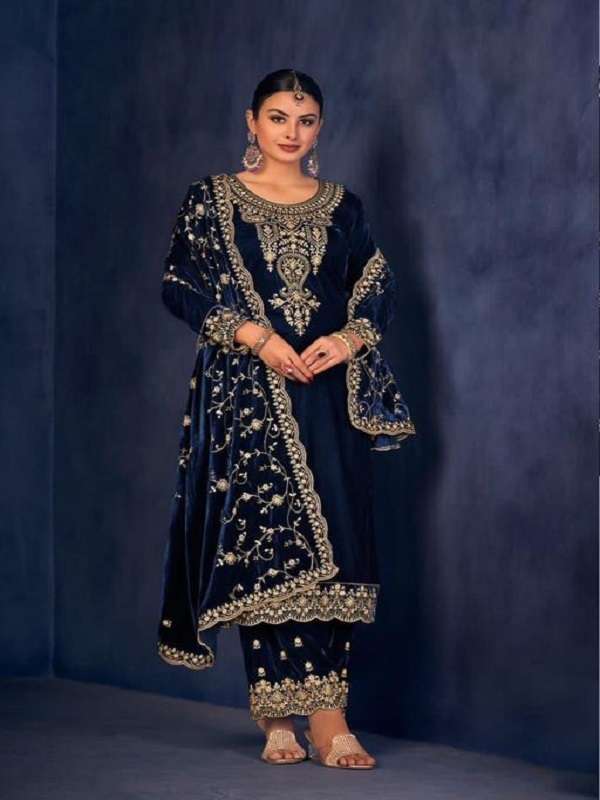 DESIGNER FANCY WEDDING PARTY WEAR PREMIUM VISCOSE VELVET BLUE STRAIGHT SALWAR SUIT CPR 2002A