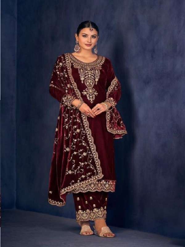 DESIGNER FANCY WEDDING PARTY WEAR PREMIUM VISCOSE VELVET MAROON STRAIGHT SALWAR SUIT CPR 2002B