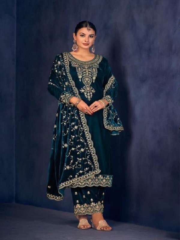 DESIGNER FANCY WEDDING PARTY WEAR PREMIUM VISCOSE VELVET RAMA BLUE STRAIGHT SALWAR SUIT CPR 2002C