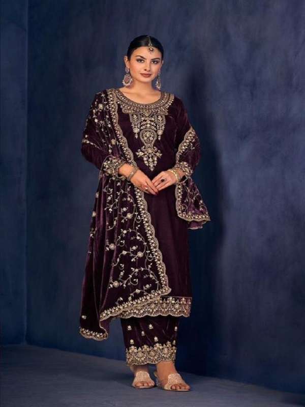 DESIGNER FANCY WEDDING PARTY WEAR PREMIUM VISCOSE VELVET PURPLE STRAIGHT SALWAR SUIT CPR 2002D