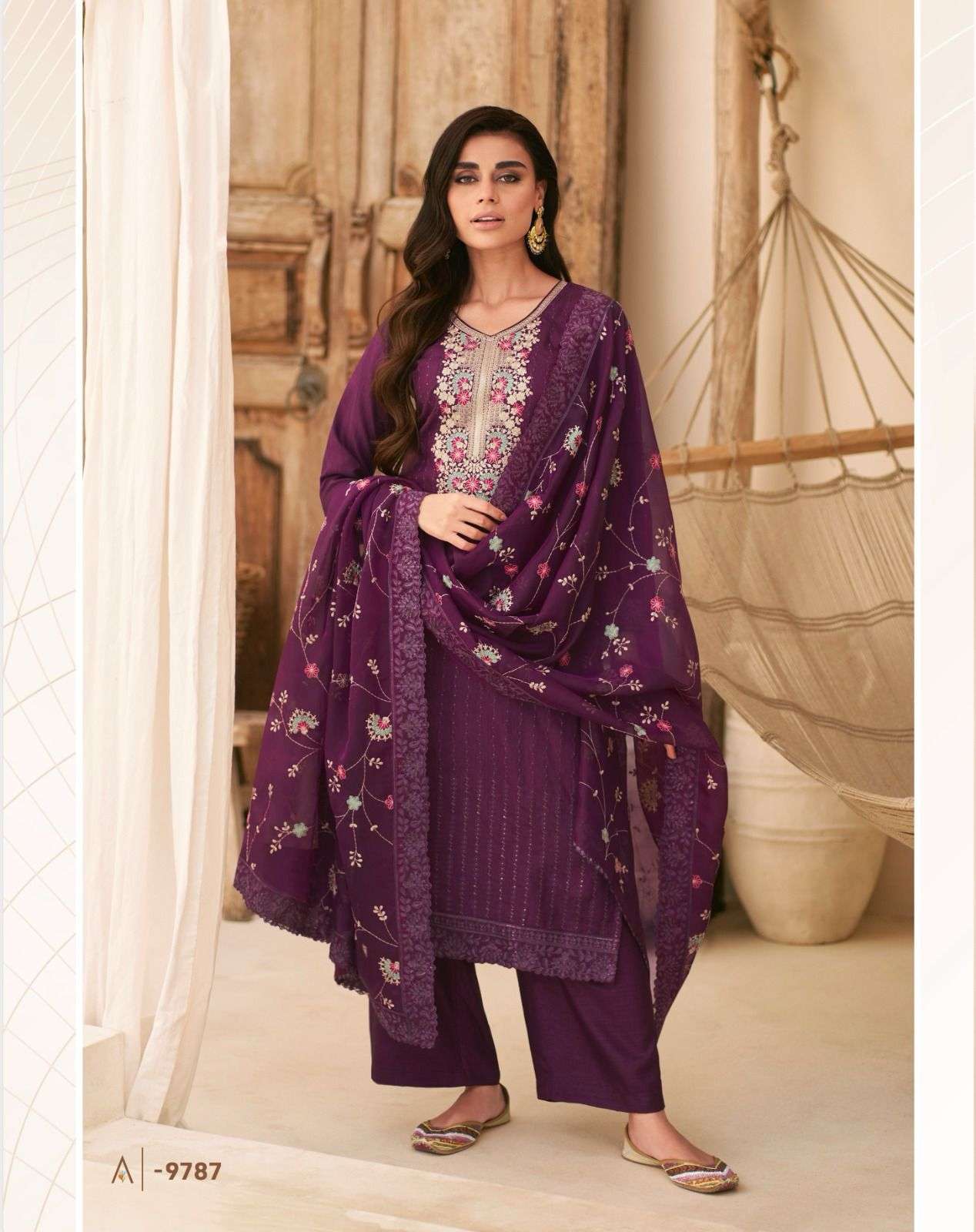 DESIGNER FANCY WEDDING PARTY WEAR PURPLE DOLA SILK STRAIGHT PAKISTANI SALWAR SUIT AF AFREEN 9787