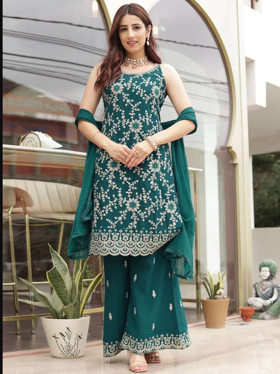 DESIGNER FANCY WEDDING PARTY WEAR RAMA GREEN GEORGETTE PLAZZO SALWAR SUIT JGS 5051B