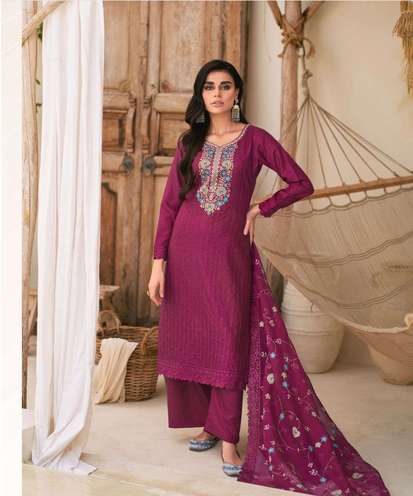 DESIGNER FANCY WEDDING PARTY WEAR RANI PINK DOLA SILK STRAIGHT PAKISTANI SALWAR SUIT AF AFREEN 9790