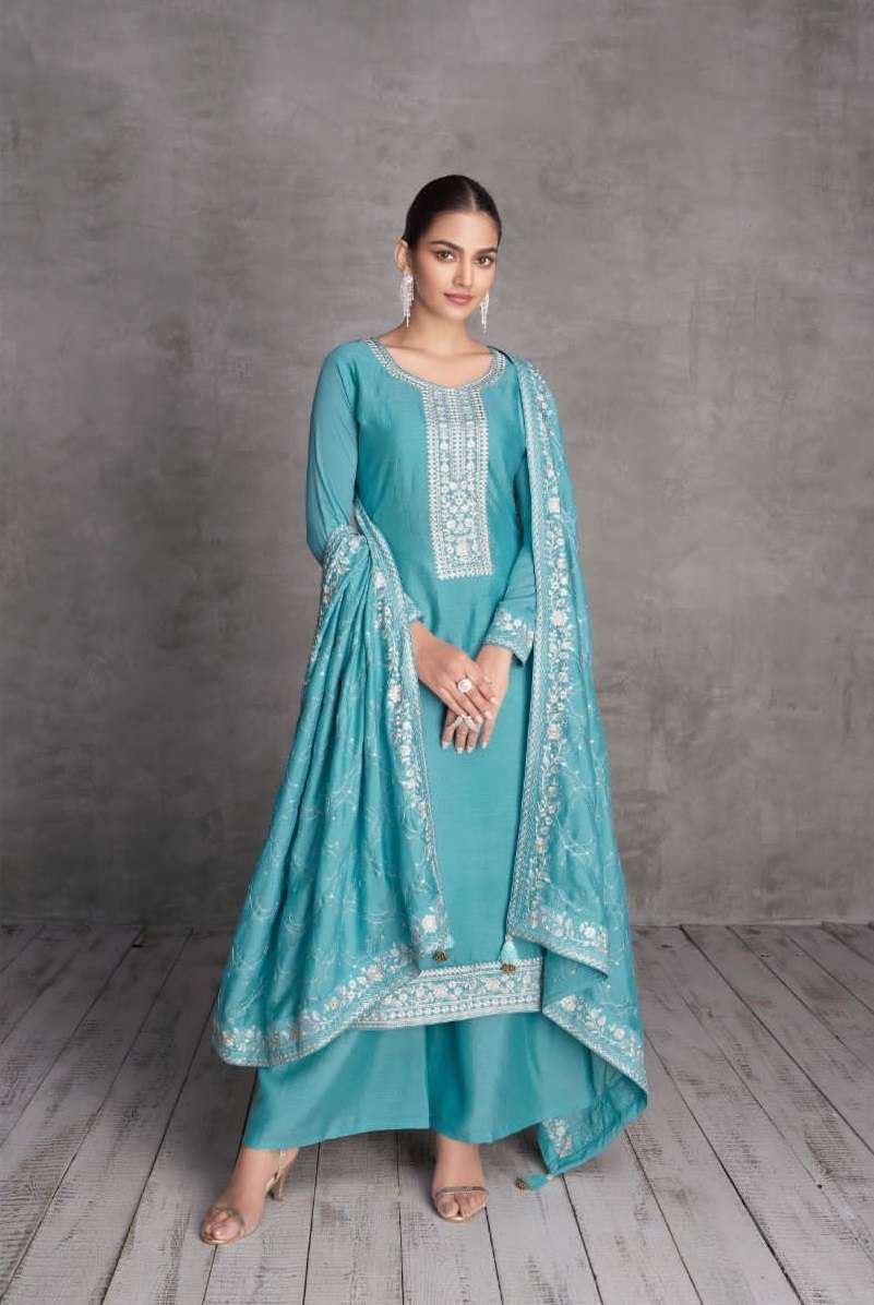 DESIGNER FANCY WEDDING PARTY WEAR SKY BLUE PREMIUM SILK STRAIGHT SALWAR SUIT AF ZOYA 7421