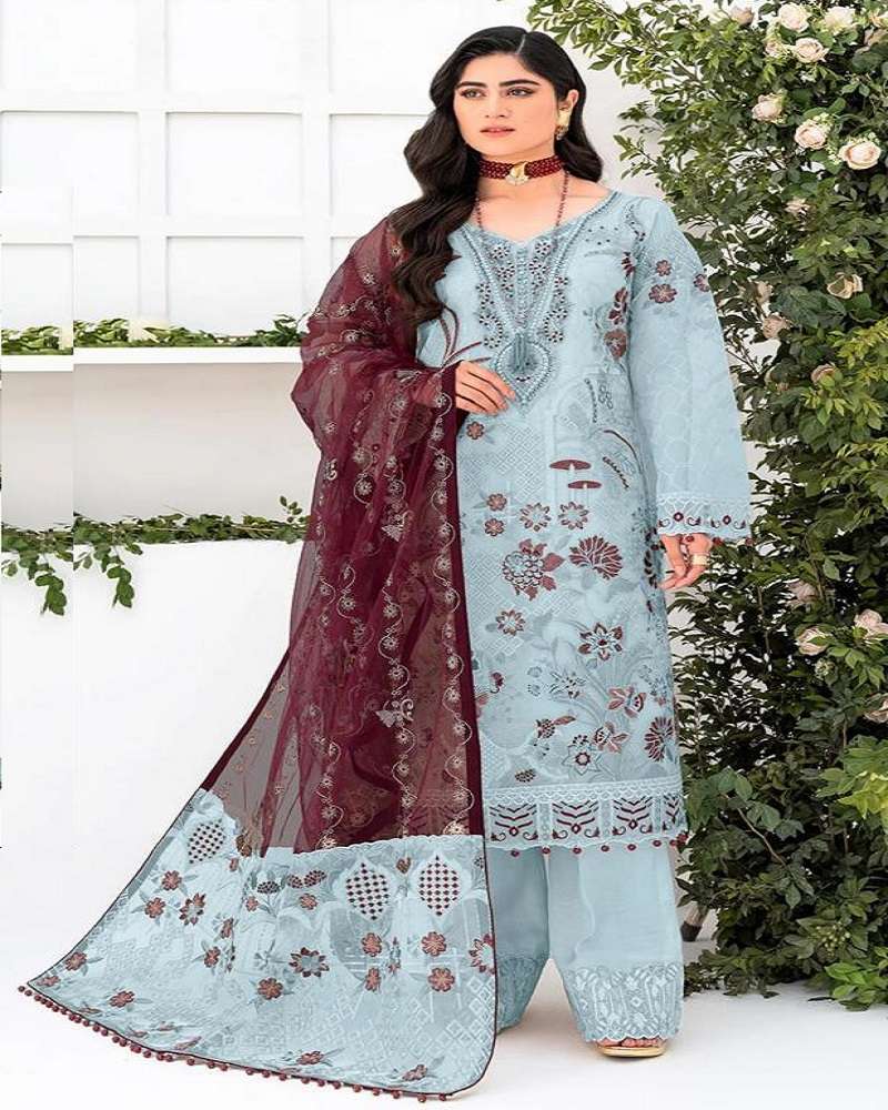 DESIGNER FANCY WEDDING PARTY WEAR TEBY SILK SKY BLUE STRAIGHT PAKISTANI SALWAR SUIT JG 5110A