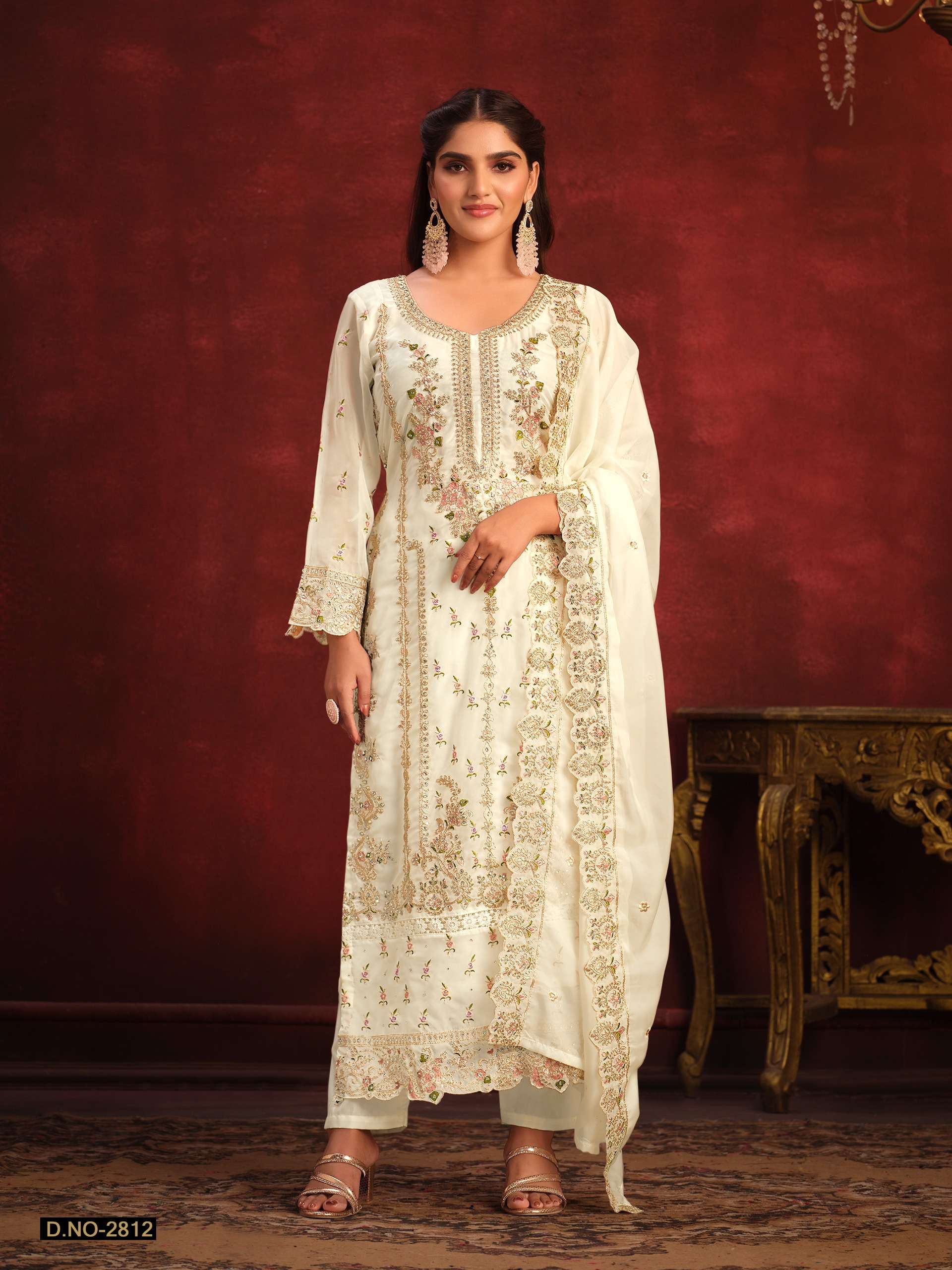 DESIGNER FANCY WEDDING PARTY WEAR WHITE ORGANZA STRAIGHT PAKISTANI SALWAR SUIT TWISHA 2812