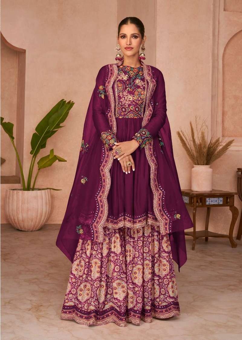 DESIGNER FANCY WEDDING PARTY WEAR WINE GEORGETTE SHARARA SALWAR SUIT GOWN SAYURI OCCASION 5232B