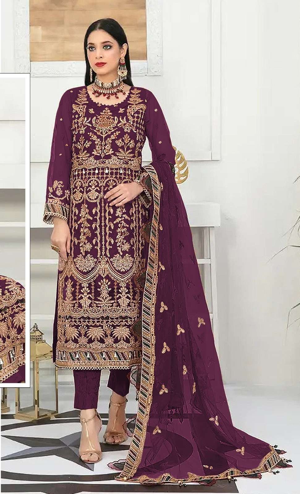 DESIGNER FANCY WEDDING PARTY WEAR WINE PAKISTANI SALWAR SUIT IN NET FABRIC JG 5107E