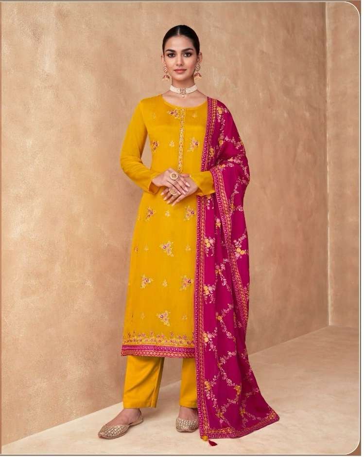 DESIGNER FANCY WEDDING PARTY WEAR YELLOW PREMIUM GEORGETTE STRAIGHT SALWAR SUIT GL RUTBA 7406