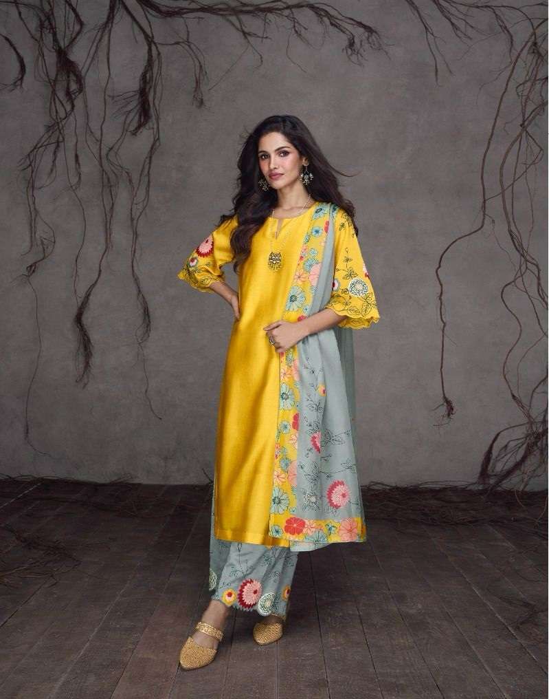 DESIGNER FANCY YELLOW SILK FABRIC READY TO WEAR STRAIGHT SALWAR SUIT EB RUBAAB 5332