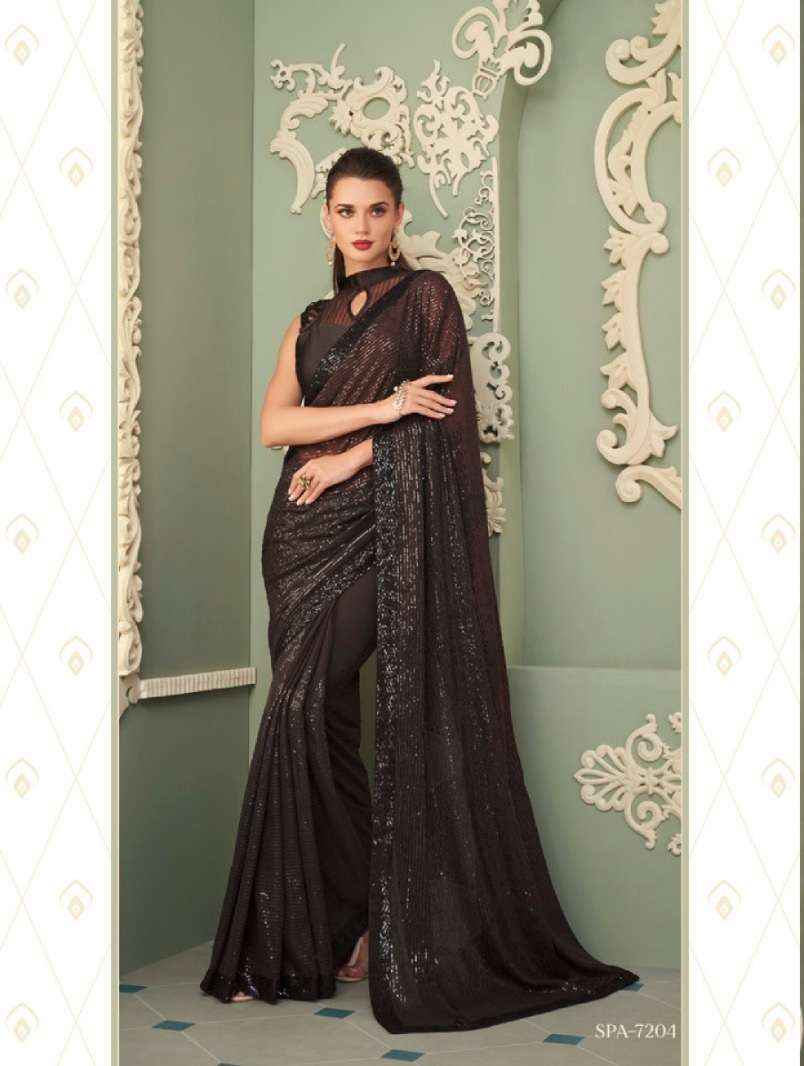 DESIGNER GEORGETTE WEDDING PARTY WEAR BLACK SAREE FOR WOMEN EXCLUSIVE COLLECTION SM TFH SPARKLE 7204