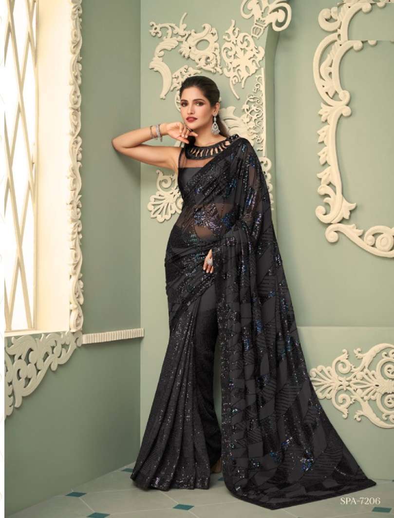 DESIGNER GEORGETTE WEDDING PARTY WEAR BLACK SAREE FOR WOMEN EXCLUSIVE COLLECTION SM TFH SPARKLE 7206