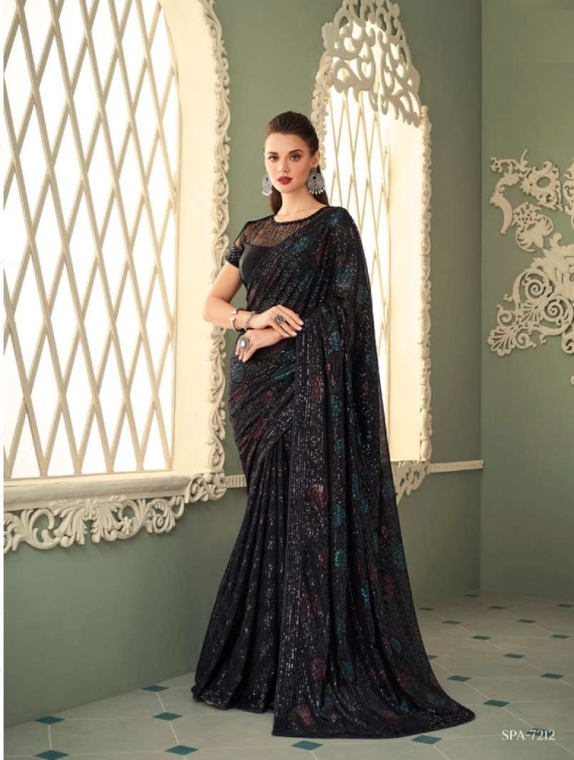 DESIGNER GEORGETTE WEDDING PARTY WEAR BLACK SAREE FOR WOMEN EXCLUSIVE COLLECTION SM TFH SPARKLE 7212