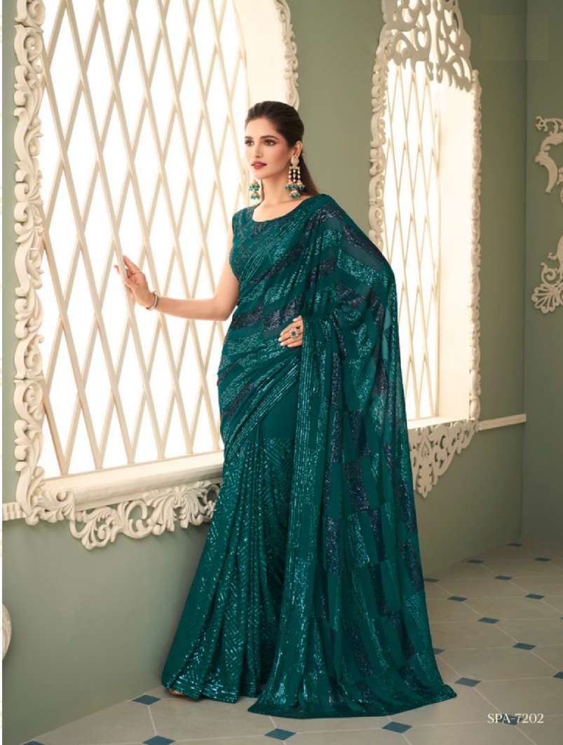 DESIGNER GEORGETTE WEDDING PARTY WEAR BLUE GREEN SAREE FOR WOMEN EXCLUSIVE COLLECTION SM TFH SPARKLE 7202