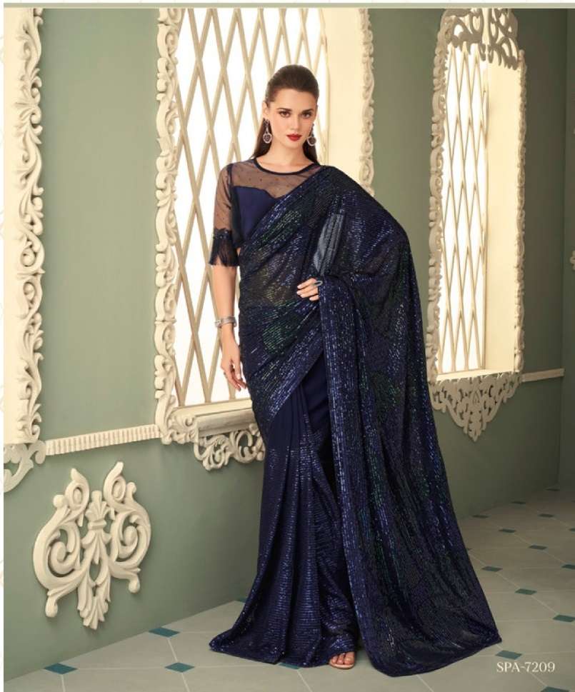 DESIGNER GEORGETTE WEDDING PARTY WEAR BLUE SAREE FOR WOMEN EXCLUSIVE COLLECTION SM TFH SPARKLE 7209