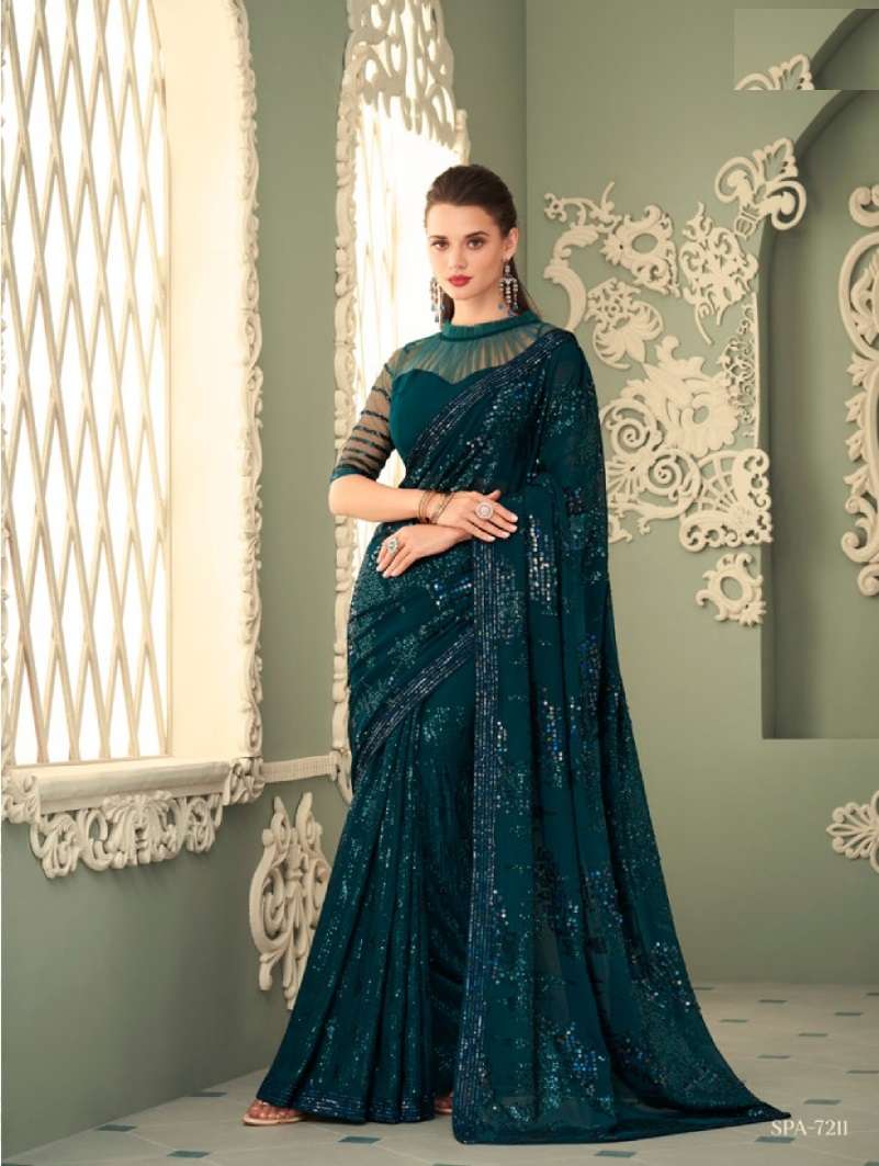 DESIGNER GEORGETTE WEDDING PARTY WEAR BLUE SAREE FOR WOMEN EXCLUSIVE COLLECTION SM TFH SPARKLE 7211