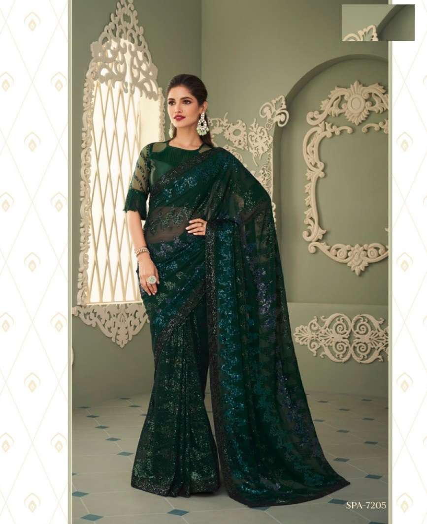 DESIGNER GEORGETTE WEDDING PARTY WEAR GREEN SAREE FOR WOMEN EXCLUSIVE COLLECTION SM TFH SPARKLE 7205