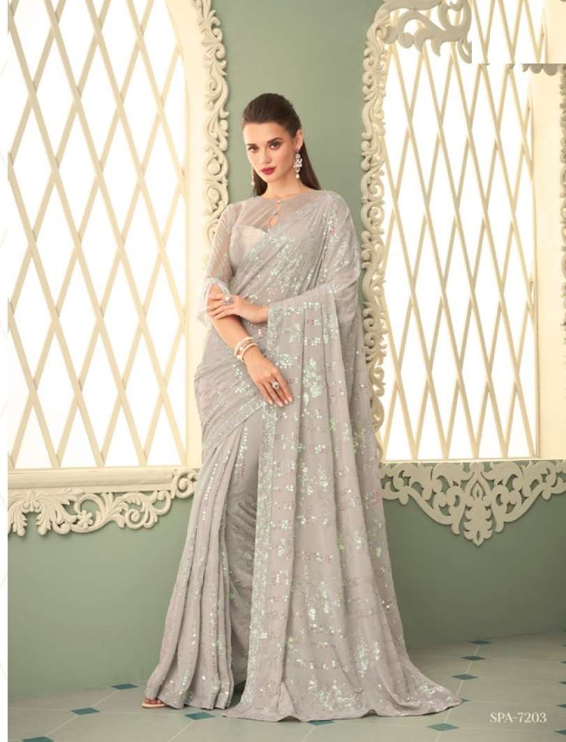 DESIGNER GEORGETTE WEDDING PARTY WEAR GREY SAREE FOR WOMEN EXCLUSIVE COLLECTION SM TFH SPARKLE 7203