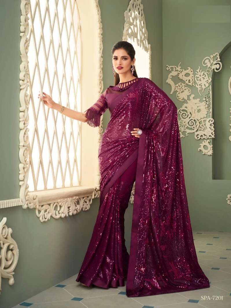 DESIGNER GEORGETTE WEDDING PARTY WEAR MAGENTA SAREE FOR WOMEN EXCLUSIVE COLLECTION SM TFH SPARKLE 7201