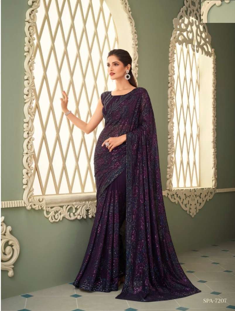 DESIGNER GEORGETTE WEDDING PARTY WEAR PURPLE SAREE FOR WOMEN EXCLUSIVE COLLECTION SM TFH SPARKLE 7207