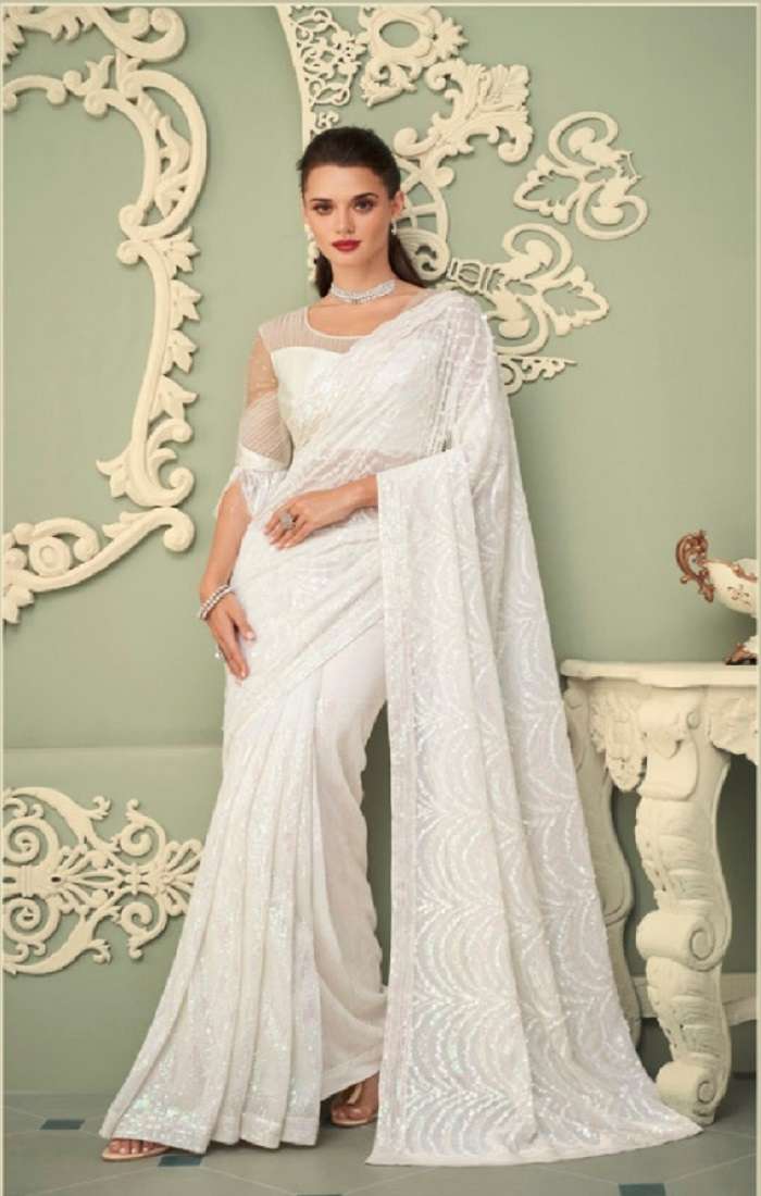 DESIGNER GEORGETTE WEDDING PARTY WEAR WHITE SAREE FOR WOMEN EXCLUSIVE COLLECTION SM TFH SPARKLE 7208