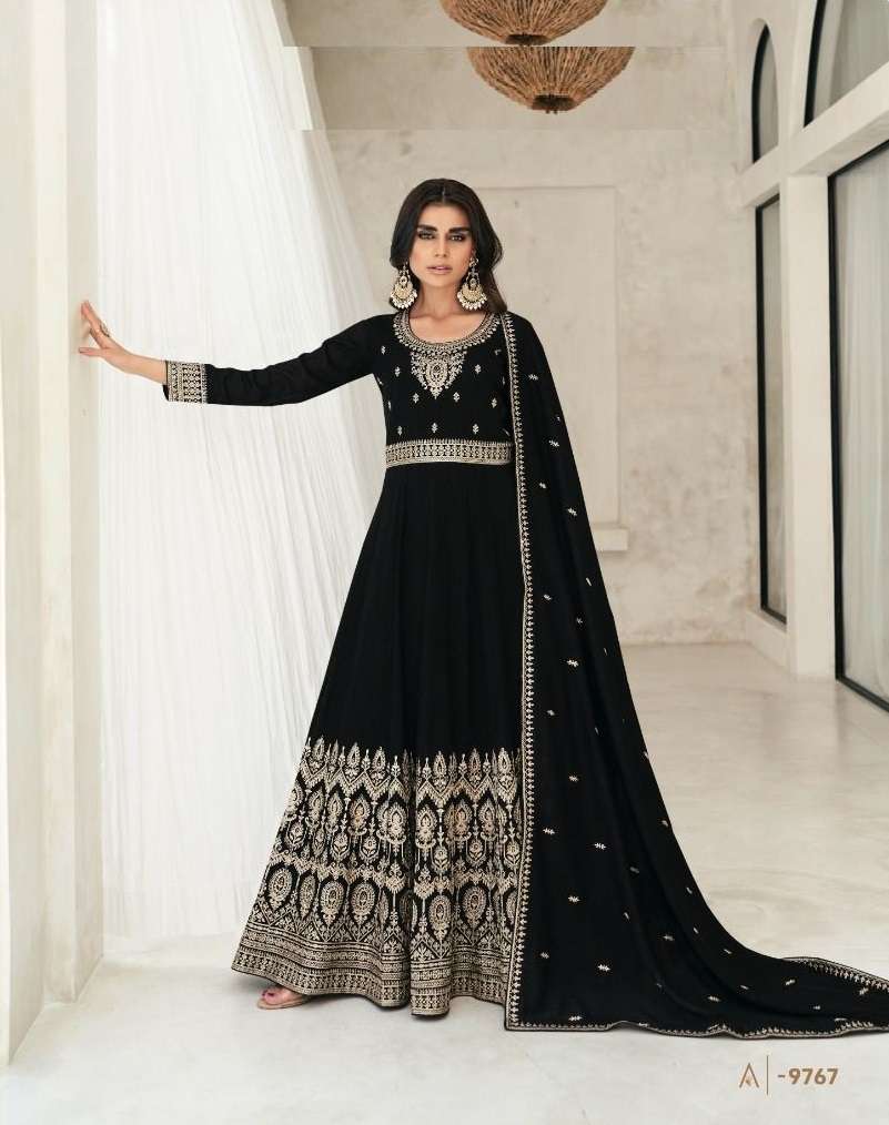 DESIGNER WEDDING PARTY WEAR BLACK PREMIUM SILK ANARKALI SALWAR SUIT GOWN WITH DUPATTA AF BELA 9767