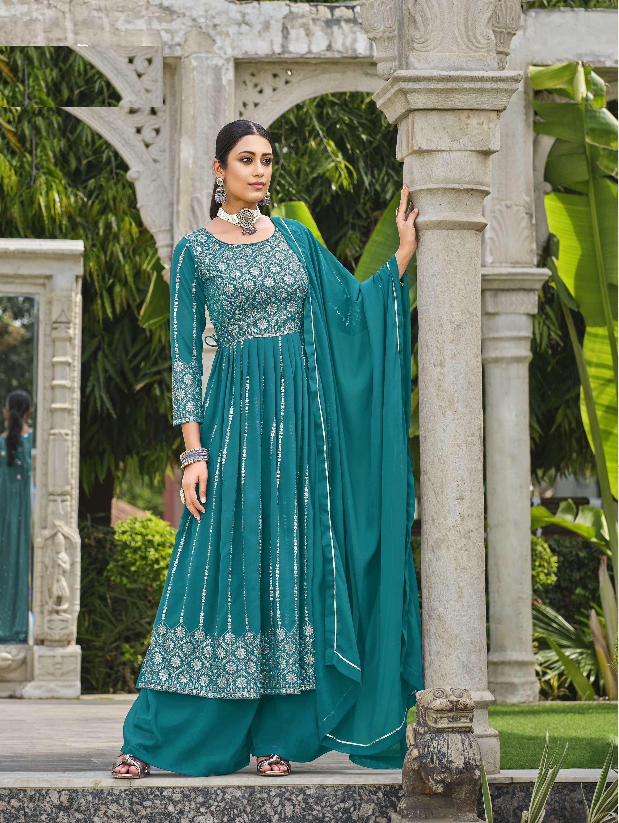 DESIGNER WEDDING PARTY WEAR FAUX GEORGETTE LONG BLUE SHARARA SALWAR SUITSENHORA VEDIKA 2095B