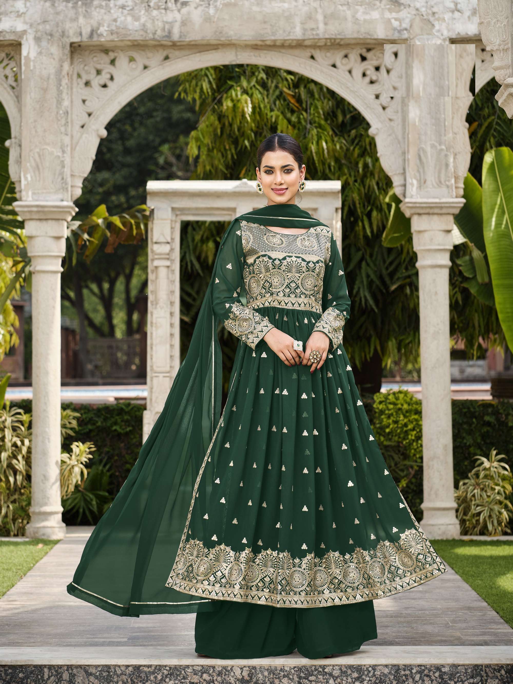 DESIGNER WEDDING PARTY WEAR FAUX GEORGETTE LONG GREEN SHARARA SALWAR SUITSENHORA VEDIKA 2094A