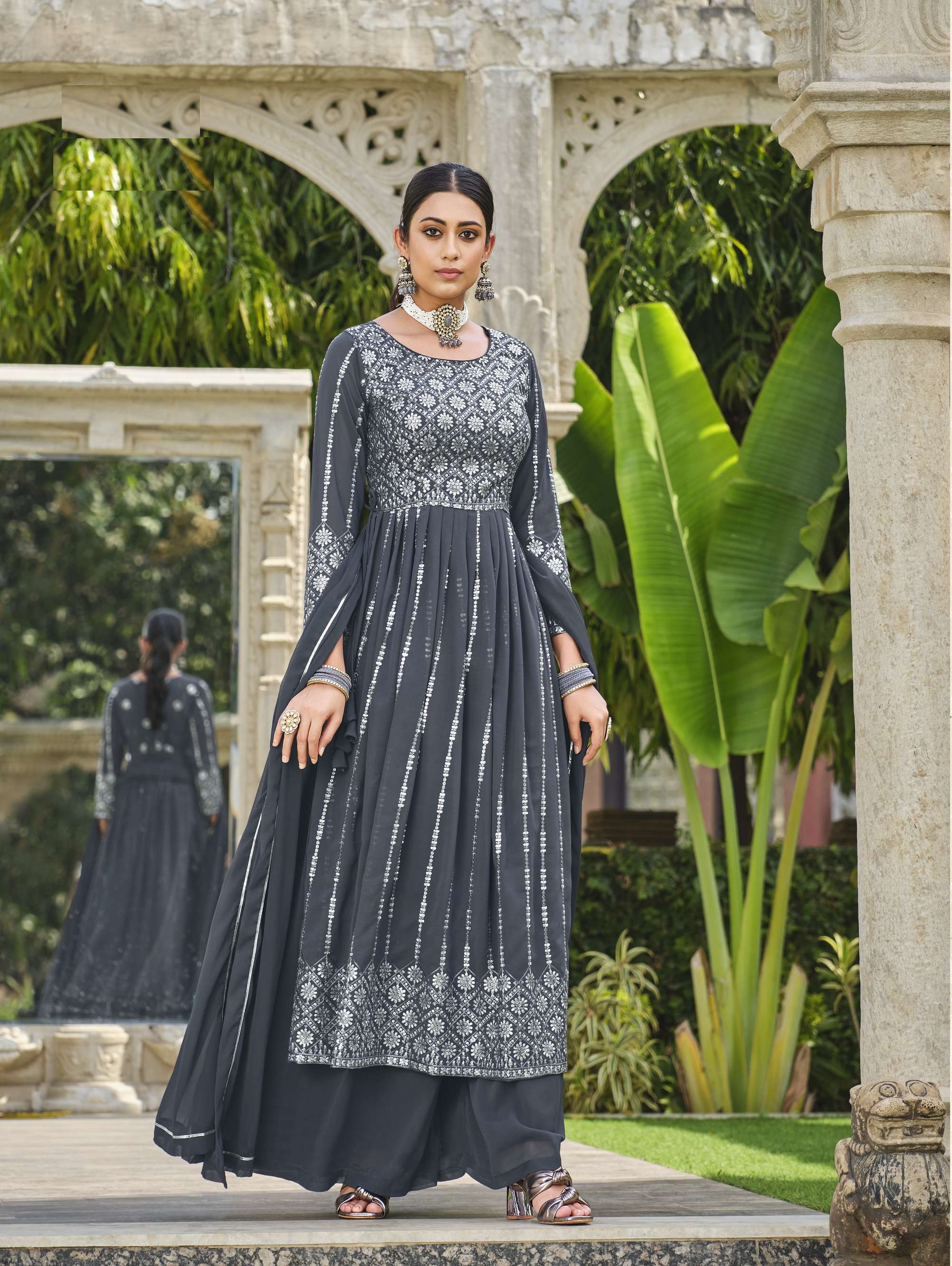 DESIGNER WEDDING PARTY WEAR FAUX GEORGETTE LONG GREY SHARARA SALWAR SUITSENHORA VEDIKA 2095A