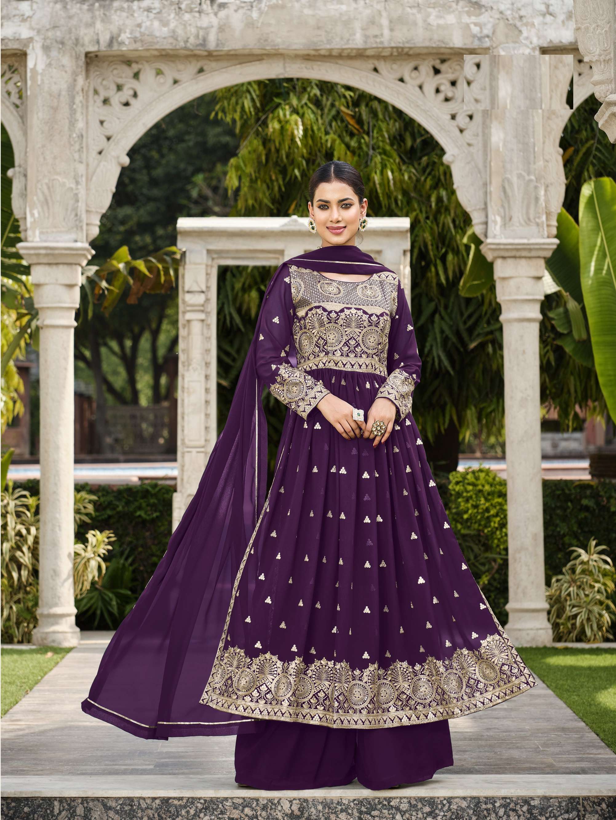 DESIGNER WEDDING PARTY WEAR FAUX GEORGETTE LONG PURPLE SHARARA SALWAR SUITSENHORA VEDIKA 2094B