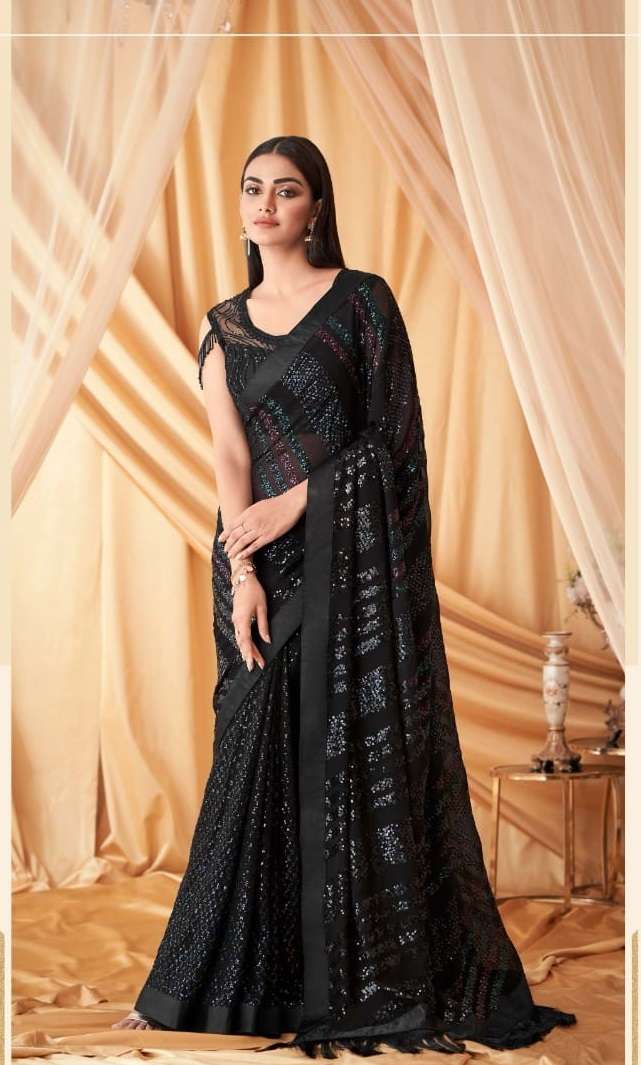 DESIGNER WEDDING PARTY WEAR GEORGETTE BLACK SAREE FOR WOMEN EXCLUSIVE COLLECTION SM TFH SPARKLE 7602