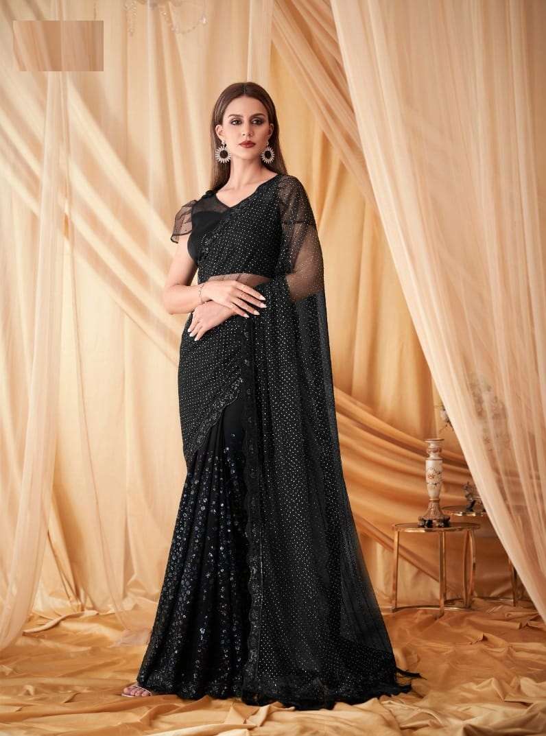 DESIGNER WEDDING PARTY WEAR GEORGETTE BLACK SAREE FOR WOMEN EXCLUSIVE COLLECTION SM TFH SPARKLE 7605