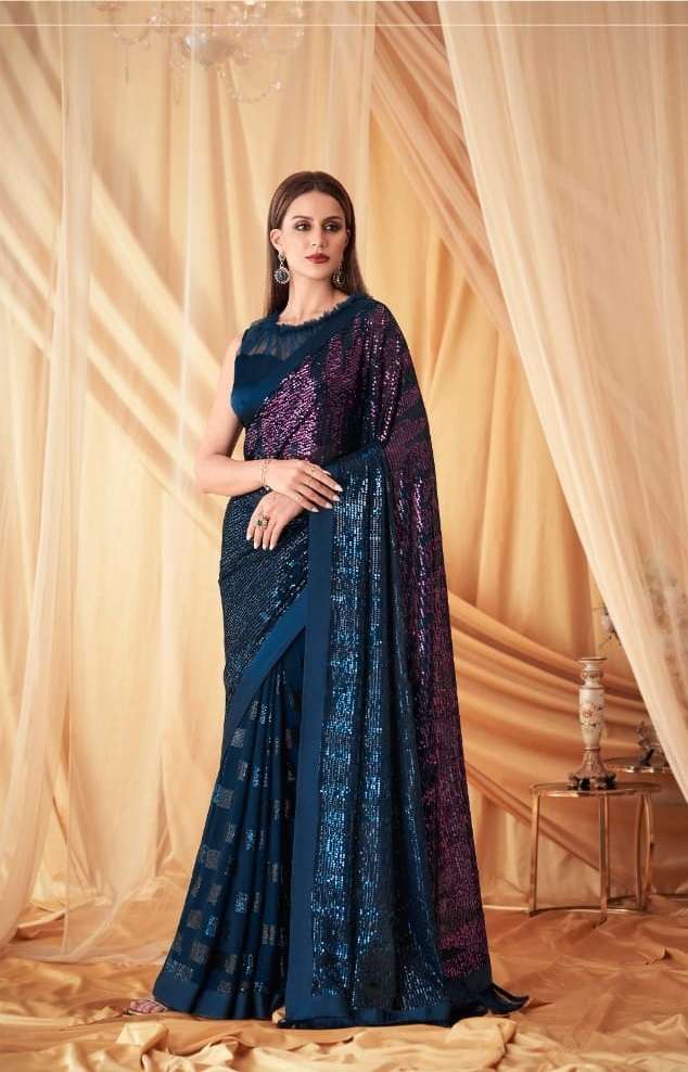 DESIGNER WEDDING PARTY WEAR GEORGETTE BLUE SAREE FOR WOMEN EXCLUSIVE COLLECTION SM TFH SPARKLE 7603