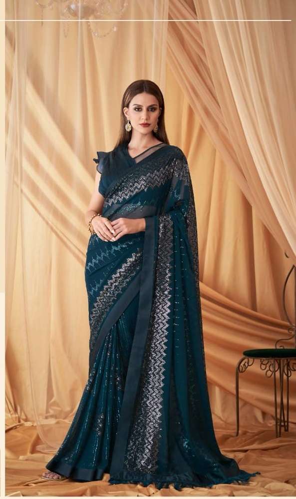 DESIGNER WEDDING PARTY WEAR GEORGETTE BLUE SAREE FOR WOMEN EXCLUSIVE COLLECTION SM TFH SPARKLE 7611