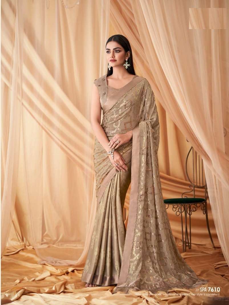 DESIGNER WEDDING PARTY WEAR GEORGETTE CHIKU SAREE FOR WOMEN EXCLUSIVE COLLECTION SM TFH SPARKLE 7610