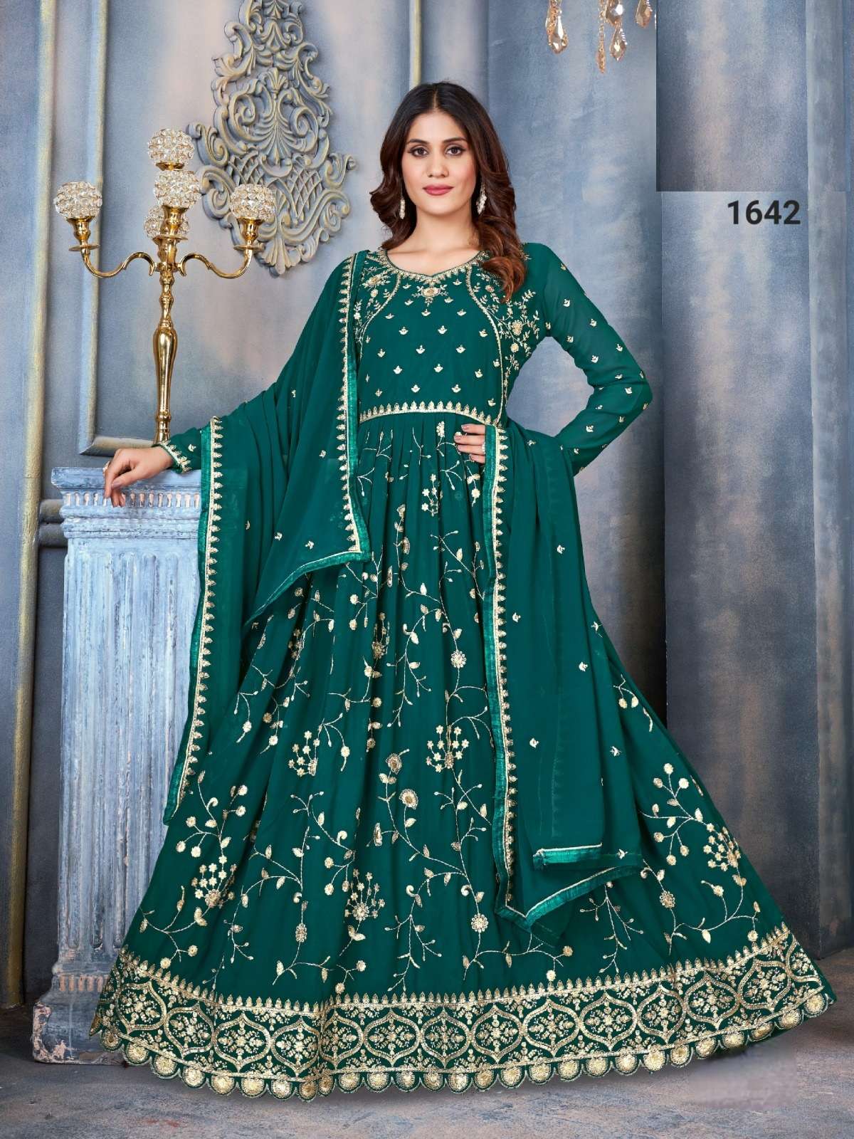 DESIGNER WEDDING PARTY WEAR GEORGETTE GREEN ANARKALI SALWAR SUIT GOWN WITH DUPATTA DST NZMN FALAK 1642