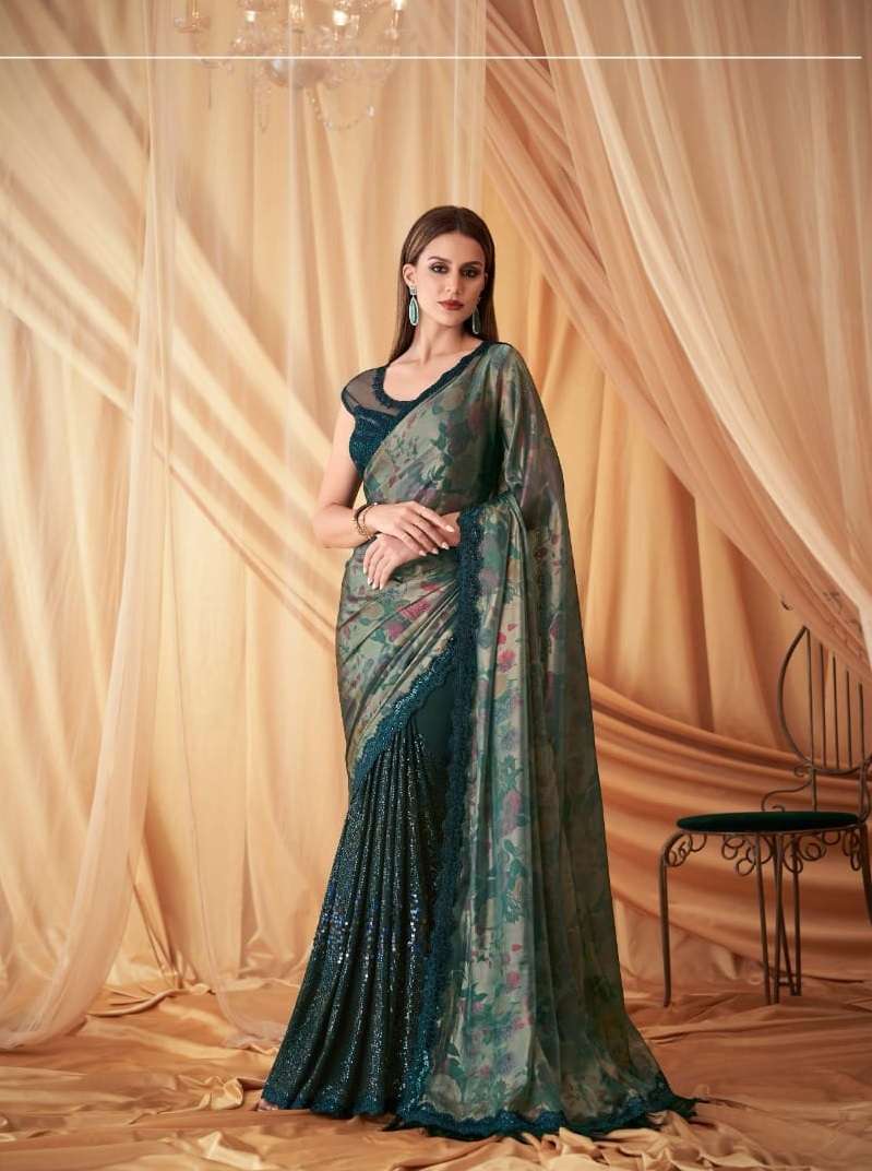 DESIGNER WEDDING PARTY WEAR GEORGETTE GREEN SAREE FOR WOMEN EXCLUSIVE COLLECTION SM TFH SPARKLE 7609