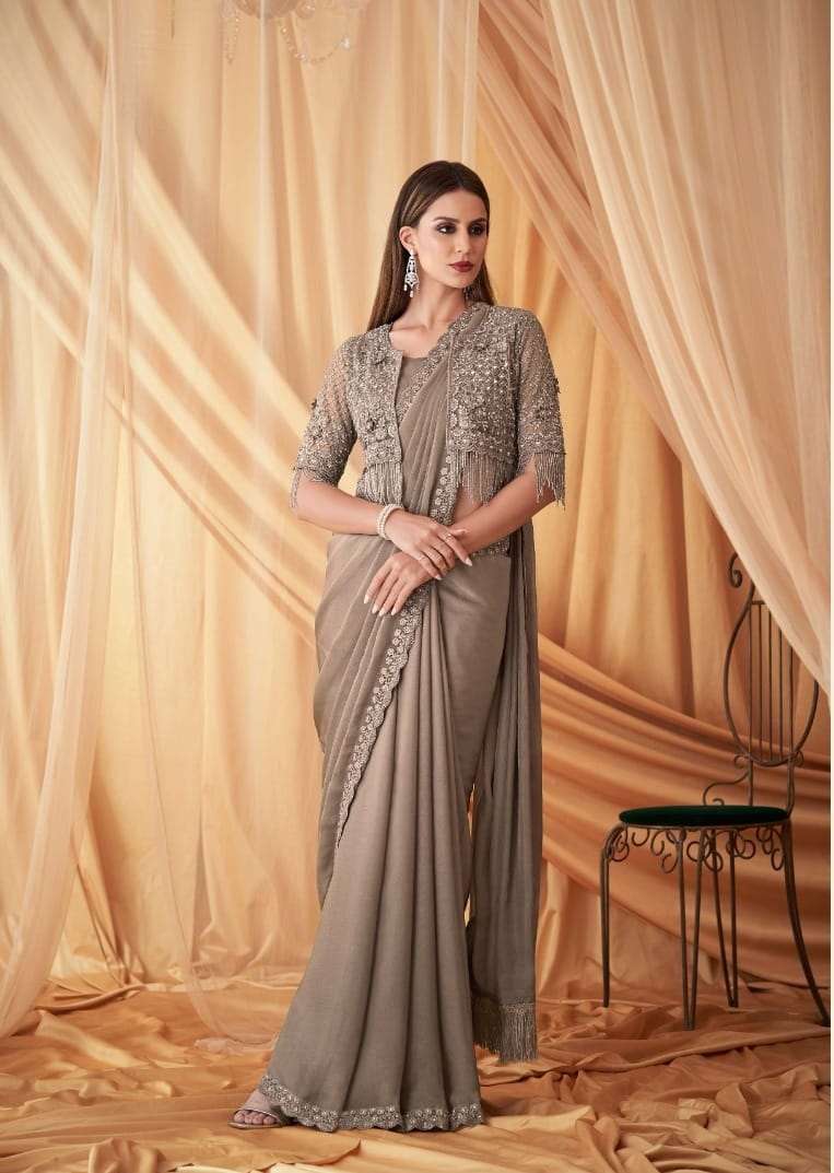 DESIGNER WEDDING PARTY WEAR GEORGETTE GREY SAREE FOR WOMEN EXCLUSIVE COLLECTION SM TFH SPARKLE 7612