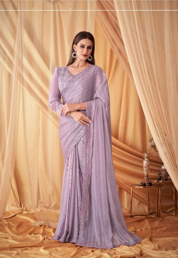 DESIGNER WEDDING PARTY WEAR GEORGETTE LAVENDER SAREE FOR WOMEN EXCLUSIVE COLLECTION SM TFH SPARKLE 7607