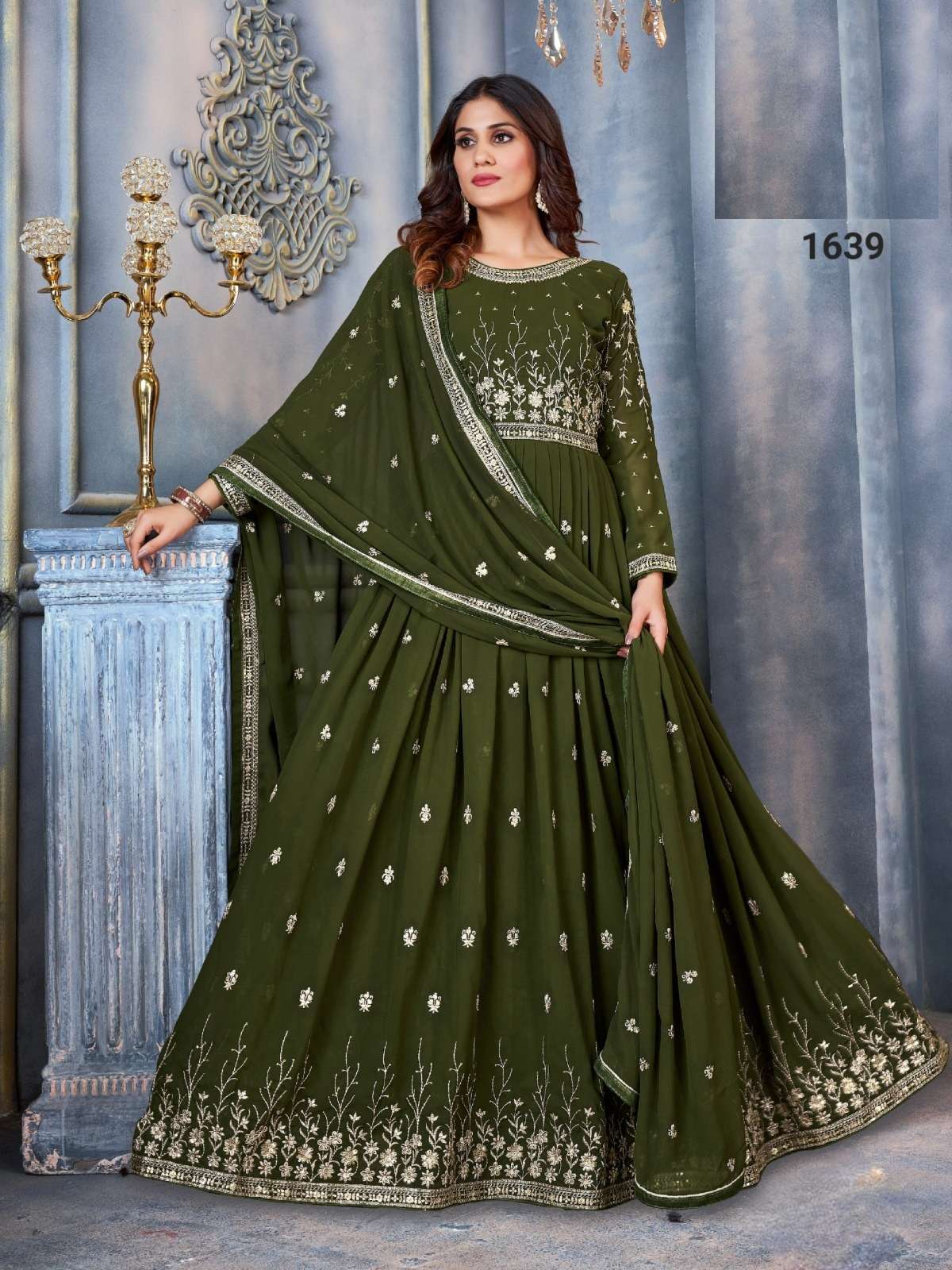 DESIGNER WEDDING PARTY WEAR GEORGETTE MAHENDI GREEN ANARKALI SALWAR SUIT GOWN WITH DUPATTA DST NZMN FALAK 1639