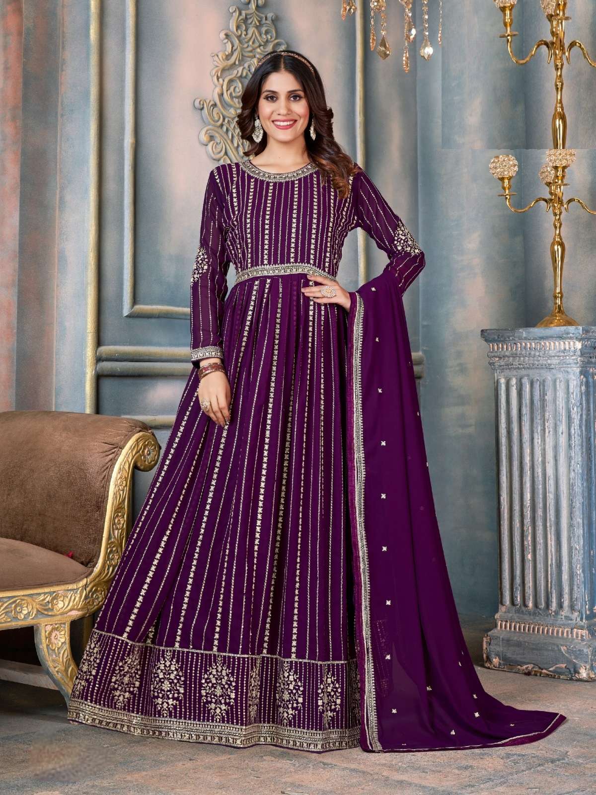 DESIGNER WEDDING PARTY WEAR GEORGETTE PURPLE ANARKALI SALWAR SUIT GOWN WITH DUPATTA DST NZMN FALAK 1641