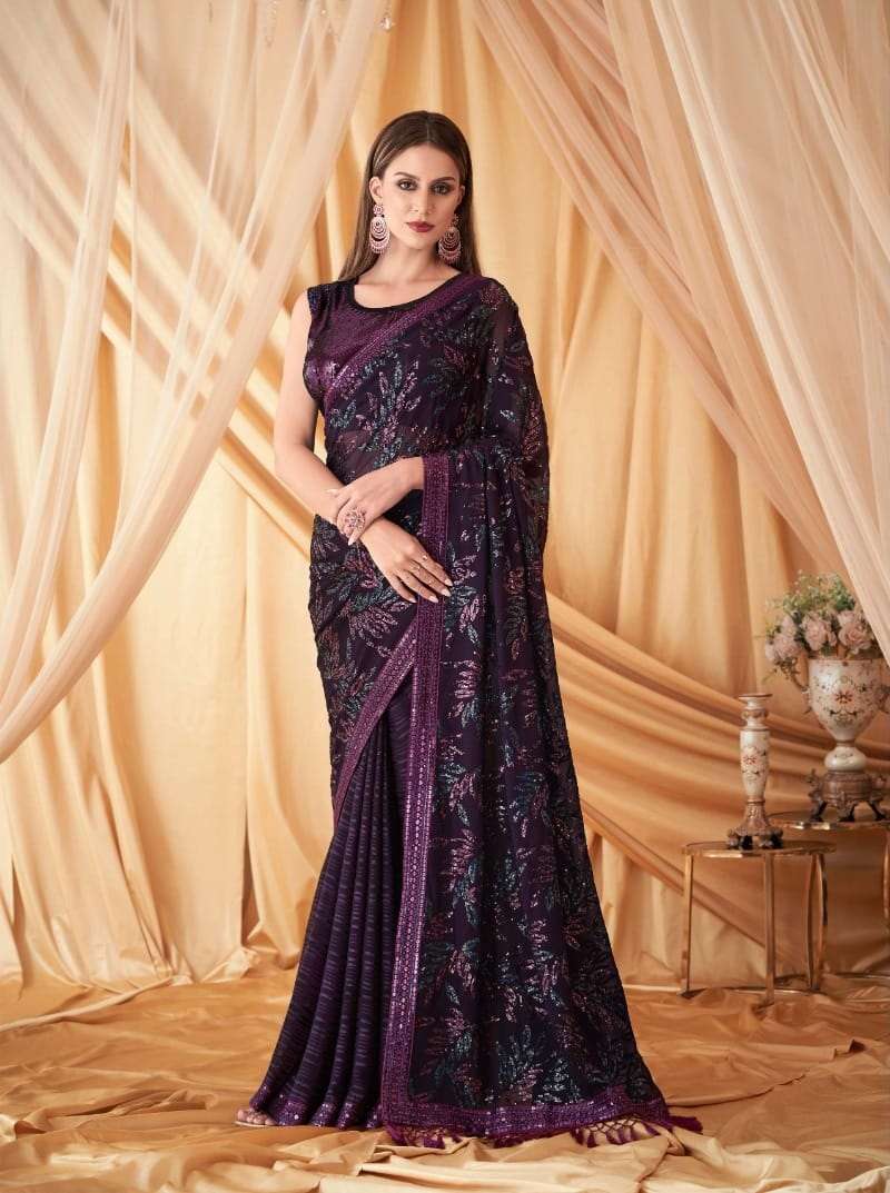 DESIGNER WEDDING PARTY WEAR GEORGETTE PURPLE SAREE FOR WOMEN EXCLUSIVE COLLECTION SM TFH SPARKLE 7601