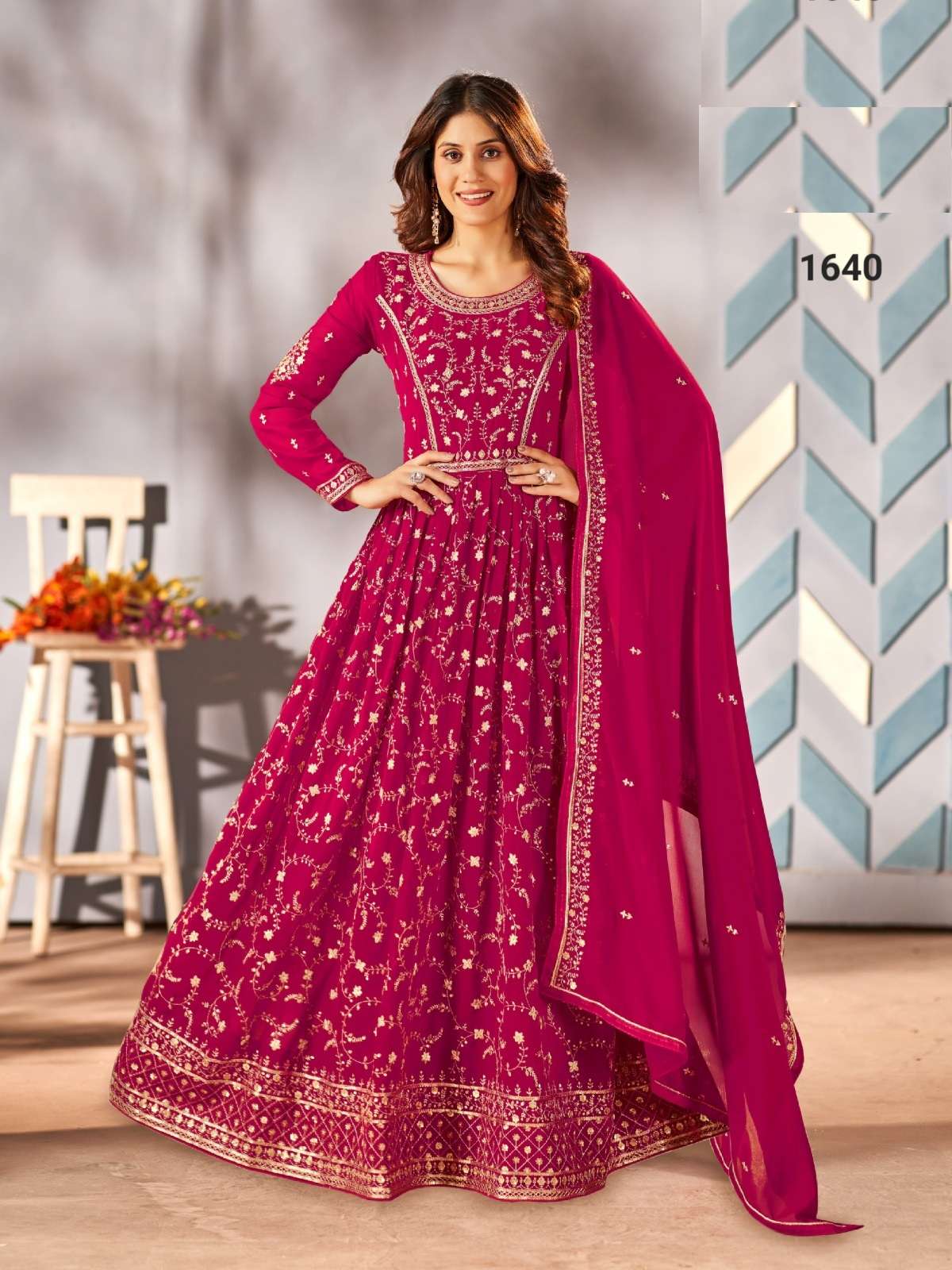 DESIGNER WEDDING PARTY WEAR GEORGETTE RANI PINK ANARKALI SALWAR SUIT GOWN WITH DUPATTA DST NZMN FALAK 1640