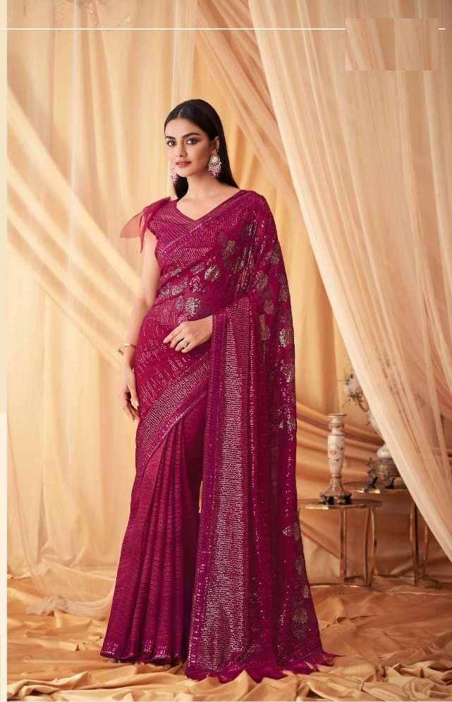 DESIGNER WEDDING PARTY WEAR GEORGETTE RED SAREE FOR WOMEN EXCLUSIVE COLLECTION SM TFH SPARKLE 7606